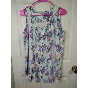 Woman Within 14/16 Tank Tunic White Paisley Button Front Casual Coastal Nautical